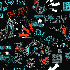 Graffiti seamless pattern with joystick sign.  Gamer elements for boy t shirt design. Repeat print with gamepad sign, fire track, lightning, stars, squares.