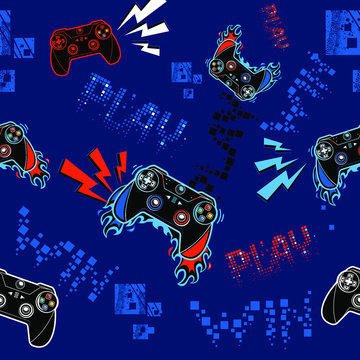 Abstract seamless pattern with gamepads with slogans on endless dark blue background with digital elements end dots. Grunge gaming repeat print for sport textile, fashion clothes, wrapping paper.