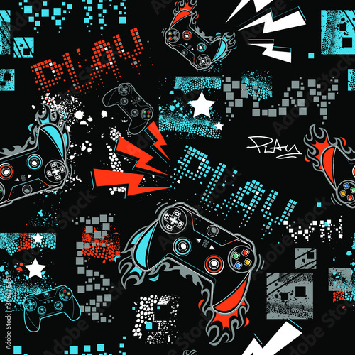 Graffiti seamless pattern with joystick sign.  Gamer elements for boy t shirt...