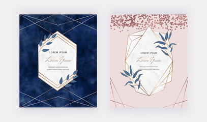 Sticker - Marble design cards with rose gold geometric polygonal lines, confetti and frames with blue leaves. Trendy templates for banner, flyer, poster, save the date, greeting
