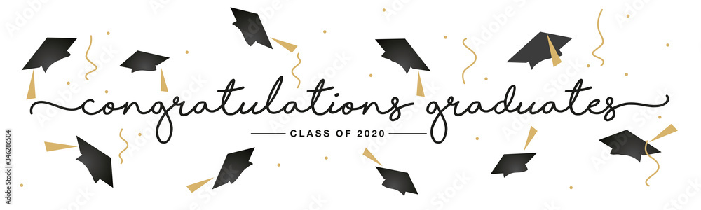 Class of 2020 Congratulations graduates handwritten typography lettering text line design gold black white isolated background banner - obrazy, fototapety, plakaty 
