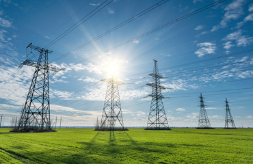 Wall Mural - High voltage lines and power pylons and a green agricultural landscape on a sunny day.