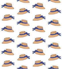 Vector seamless pattern of colored hand drawn doodle female sketch sun beach straw hat isolated on white background