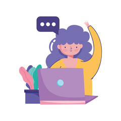 Sticker - people creativity and technology,girl with laptop chatting cartoon