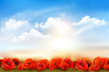 Aufkleber - Sunset sky background with Red Poppy flowers. Vector illustration