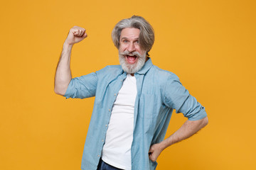 Joyful elderly gray-haired mustache bearded man in casual blue shirt posing isolated on yellow background studio portrait. People lifestyle concept. Mock up copy space. Clenching fists like winner.