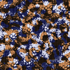 Wall Mural - Seamless indigo dyed bandana texture. Blue orange stain woven cotton effect background. Repeat Indonesian batik camouflage resist pattern. Splodge blob dye stain all over textile. Boho cloth print