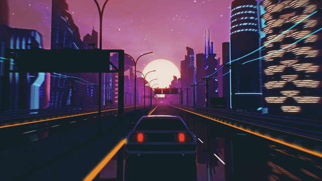Wall Mural - Retro-futuristic 80s style drive in neon city. Cyberpunk sunset landscape with a moving car on a highway road. VJ synthwave looping 3D illustration for music video. 4K stylized vintage