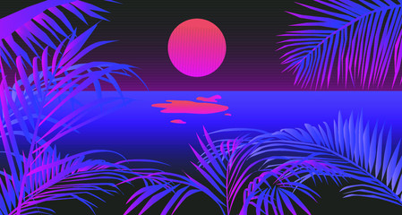 Aufkleber - Sunset above the ocean, landscape with coconut palm trees or ferns. Lounge atmosphere on vacations. Vaporwave and retrowave style illustration for print or cover.