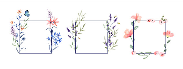 Floral watercolor flower frame set isolated