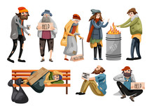 Homeless People Cartoon. Unemployment People Needing Help And Food. Homeless Male And Female People Begging Money Set. Tramp Sleeping On Bench, Hungry Beggar Sits On Sidewalk Vector Illustration.