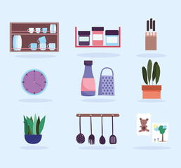 Poster - kitchen interior utensils products tableware and plants icons