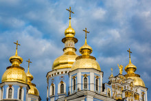 Clouds Surround St Michaels In Kiev Classic Golden Cupolas Of The Cathedral.