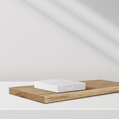 Wall Mural - minimal scene with geometric forms. marble podium on wood podium with sun light on white background. Scene to show cosmetic product, Showcase, shopfront, display case. 3d vector illustration.