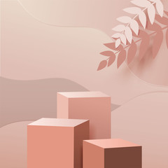 Wall Mural - minimal scene with geometric forms. box cube podiums in cream background with paper leave on column. Scene to show cosmetic product, Showcase, shopfront, display case. 3d vector illustration.