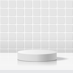Wall Mural - minimal scene with geometric forms. cylinder white podium in white ceramic tile wall background. Scene to show cosmetic product, Showcase, shopfront, display case. 3d vector illustration.