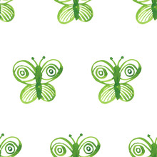 Seamless Pattern Of Green Butterfly Isolated On White Background. Hand Drawn Butterfly In A Children Style In Green Watercolor
