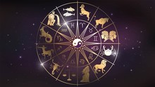 Golden Wheel Chart With Zodiac Signs In Space, Astrology And Horoscope