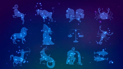 a set of zodiac constellation in starry sky, horoscope and astrology