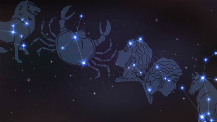 Wall Mural - night starry sky with the zodiac constellations and their images