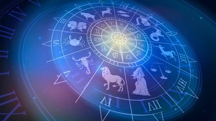 wheel chart with zodiac signs in space, astrology and horoscope