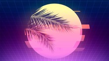 Futuristic Neon Background With Sun With Glitch Effect And Palm Branches Silhouettes