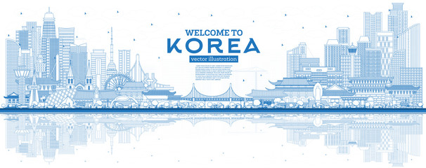 Wall Mural - Outline Welcome to South Korea City Skyline with Blue Buildings and Reflections.