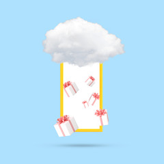Aufkleber - Minimal conceptual image of yellow frame with white cloud and floating present boxes on blue background. 3D rendering