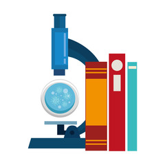 Wall Mural - microscope with particles covid 19 and books vector illustration design