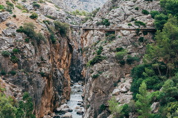 Wall Mural - Amazing details of The Little King's Path, Caminito del Rey in Spain.  Beautiful valley and mountain trail, one of the most visited places near Malaga. 