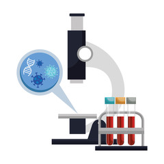 Poster - microscope with particles of covid 19 and tubes test vector illustration design