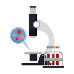 Poster - microscope with particles of covid 19 and tubes test vector illustration design