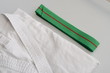 karate equipment : green belt, kimono on light background