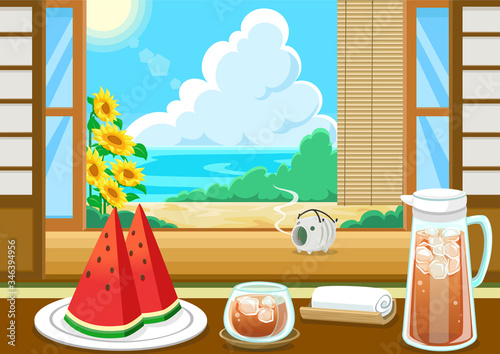 日本の夏のグリーティングカード 海と青空とヒマワリ スイカと麦茶 Stock Vector Adobe Stock