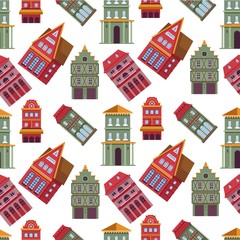 Wall Mural - Houses and buildings exterior, old town seamless pattern