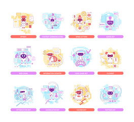 Poster - Good and bad bots thin line concept vector illustrations set. Partner, optimization, hacker robots 2D cartoon characters for web design. Information stealing software creative ideas