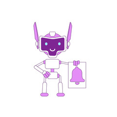 Poster - Cute modern robot with bell violet linear object. Futuristic notification service bot thin line symbol. AI smiling cyborg toy isolated outline illustration on white background