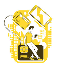 Poster - Memory stick recovery thin line concept vector illustration. User with smartphone and smart card 2D cartoon character for web design. Mobile technology creative idea. Portable data storage devices