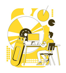 Poster - Data science thin line concept vector illustration. Desktop PC user 2D cartoon character for web design. Information storage equipment, optical disc and flash drive. Computer technology creative idea
