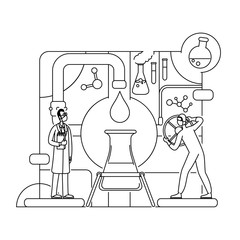 Poster - Chemical analysis thin line concept vector illustration. Lab workers, chemists 2D cartoon characters for web design. Scientists experimenting with reagent. Pharmaceutical research creative idea