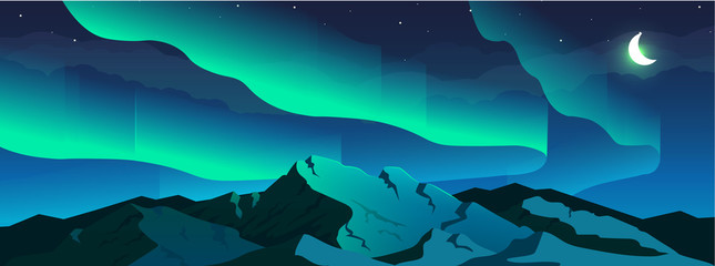 Poster - Aurora borealis phenomenon flat color vector illustration. Northern lights in sky and snowy mountain 2D cartoon night winter landscape with crescent moon and starry sky on background