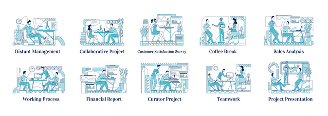 Poster - Office employees at work flat silhouette vector illustrations set. Distant manager, corporate coworkers outline characters on white background. Financial report, teamwork simple style drawings pack