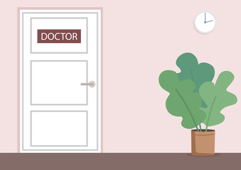 Poster - Doctor office flat color vector illustration. Medical clinic hallway 2D cartoon interior with closed door on background. Empty hospital corridor. Physician workplace. Professional medical service
