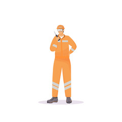Poster - Man in reflective suit flat color vector faceless character. Industrial worker wearing orange uniform, engineer with radio set isolated cartoon illustration for web graphic design and animation