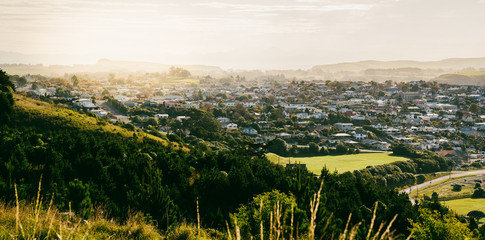 The sunset view of Oamaru Harbour from Oamaru Lookout, Oamaru, New Zealand.