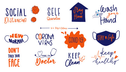 CoronaVirus Covid-19 letterings doodle banner and sticker design banner. social distancing, Stay home, Thank you doctor, Keep healthy vector illustration.