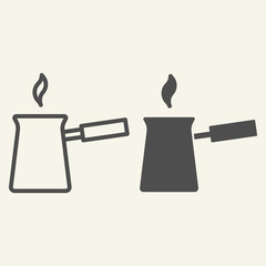 Poster - Turk with hot coffee line and solid icon. Turkish Cezve symbol, outline style pictogram on beige background. Traditional coffee pot sign for mobile concept and web design. Vector graphics.