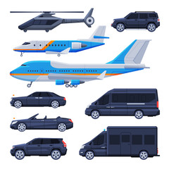 Sticker - Government Vehicles Collection, Black Presidential Auto, Airplane, Helicopter, Luxury Business Transportation, Side View Flat Vector Illustration