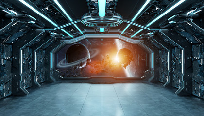 Wall Mural - Dark blue spaceship futuristic interior with window view on space and planets 3d rendering
