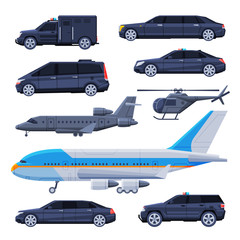 Canvas Print - Government Vehicles Set, Black Presidential Auto, Airplane, Helicopter, Luxury Business Transportation Flat Vector Illustration